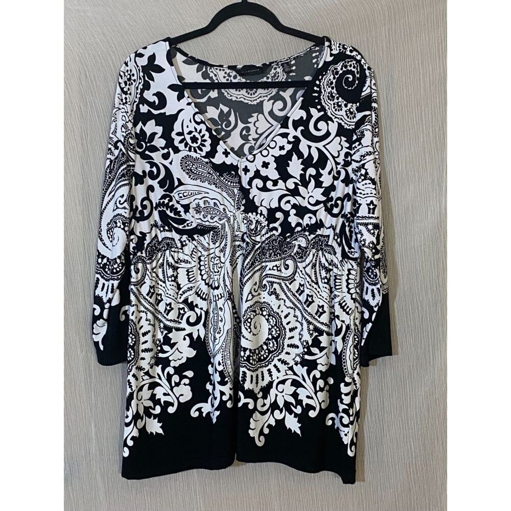 Investments Womens XL Black White Paisley Floral 3/4 Sleeve Stretch Tunic Blouse